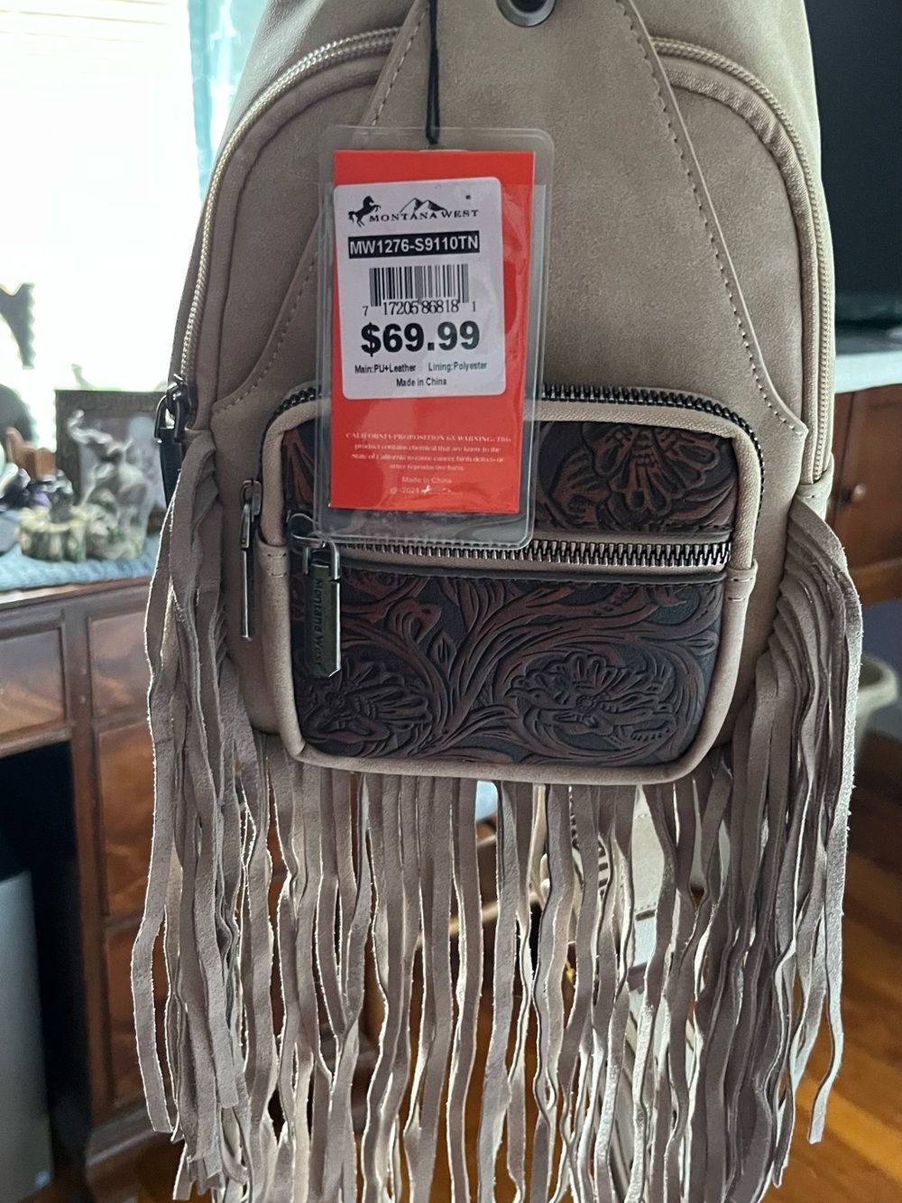 Montana West Taupe Fringe Shoulder Bag with Tooled Brown Front Pocket